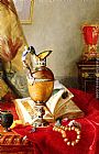 Draped Canvas Paintings - A Still Life With Urns And Illuminated Manuscript On A Draped Table